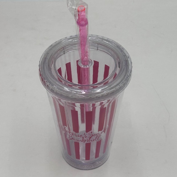 Victoria's Secret 2011 Bombshell Tumbler Cup Pink Stripes Reusable Straw Lid NEW - Picture 9 of 10
